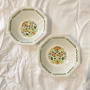 Vintage Set of 2 Ironstone Cereal Bowls Dish Greenfield 1970s England Folk Art